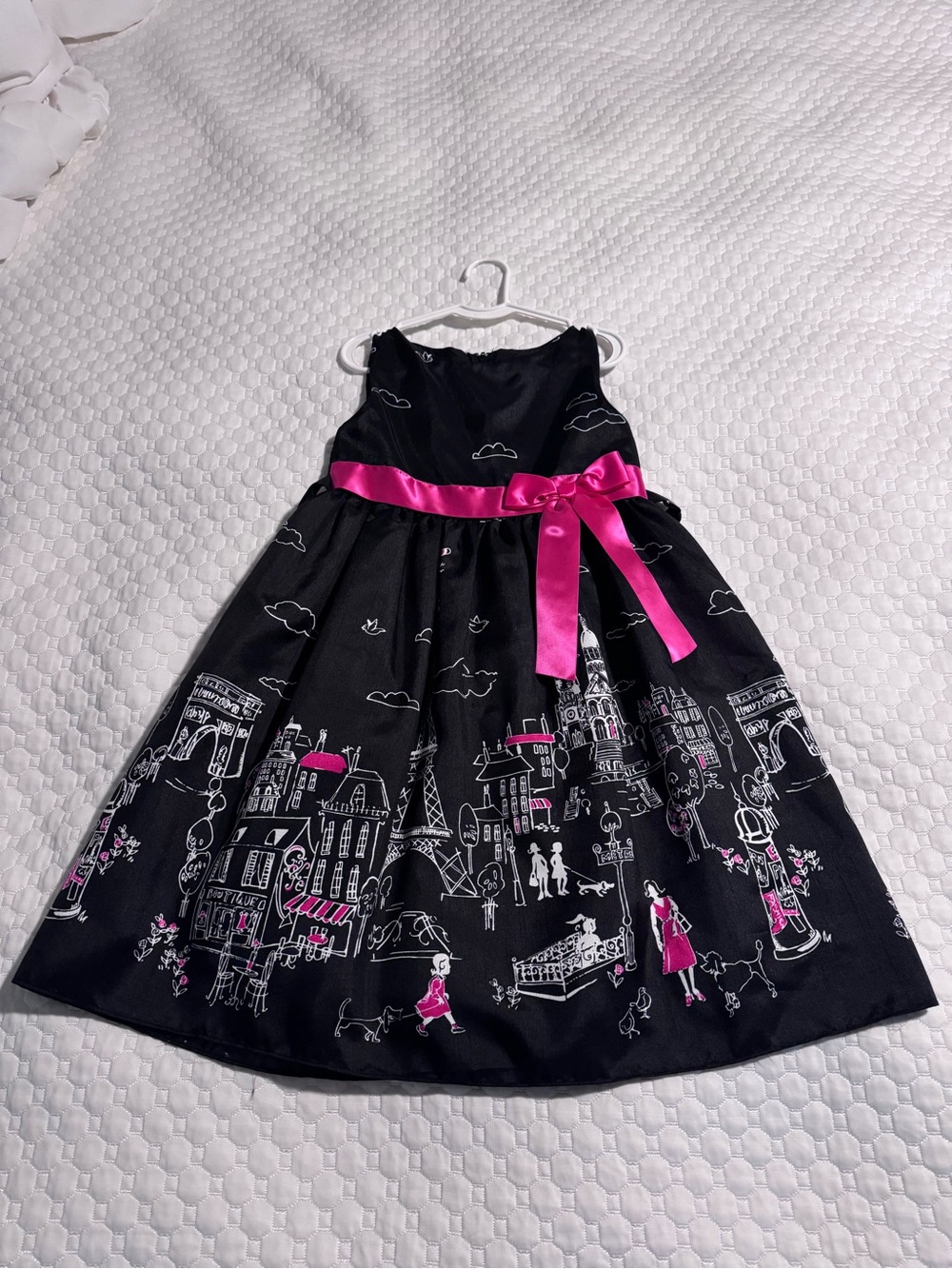 Rare Edition Girls Paris City Print Black Dress with Pink Satin Bow - Sz 6